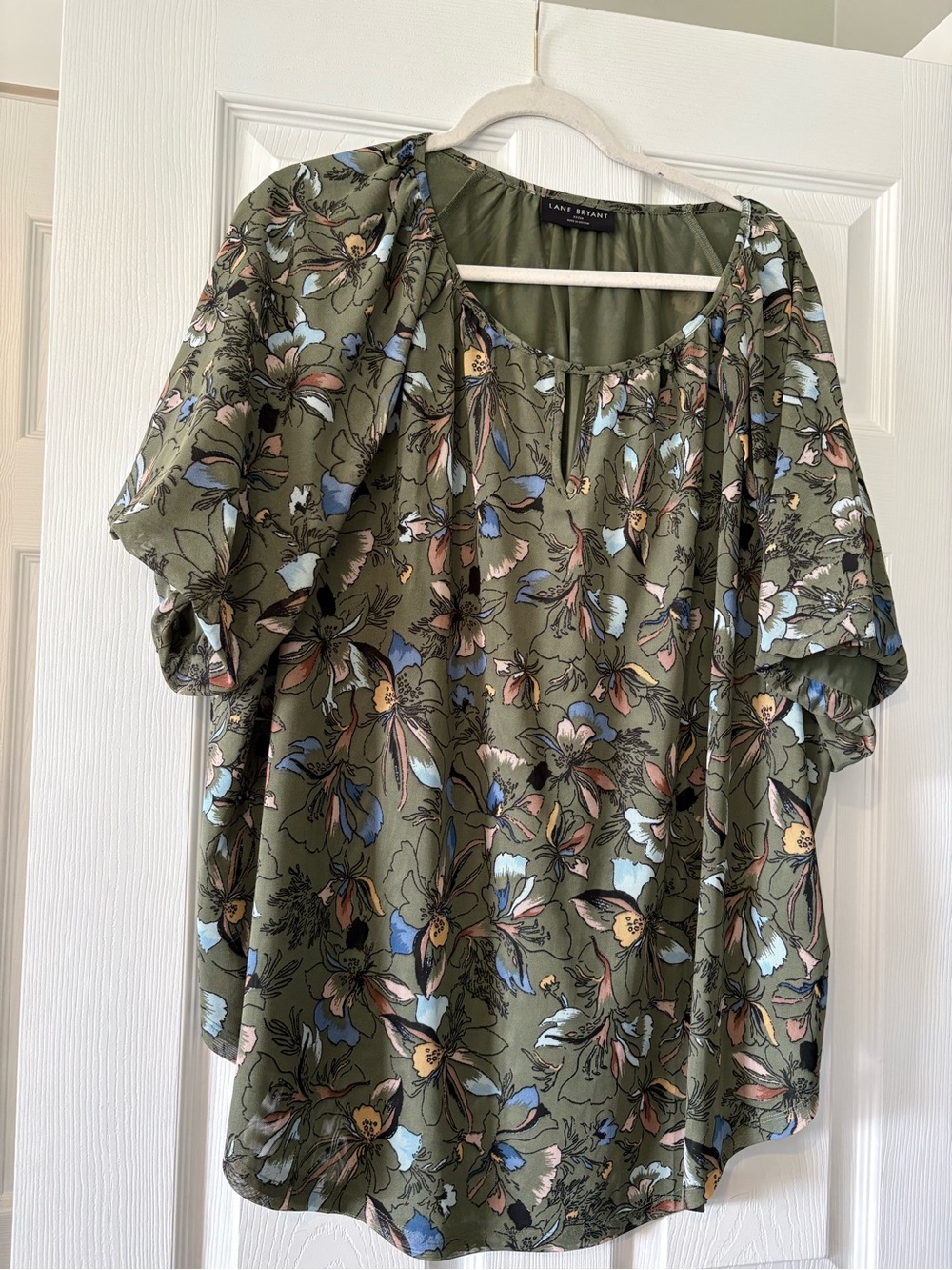 Lane Bryant Olive Green Floral Scoop Neck Blouse